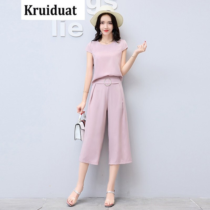 Kruidvat雪纺套装2017夏季新款韩版时尚阔腿裤两件套气质