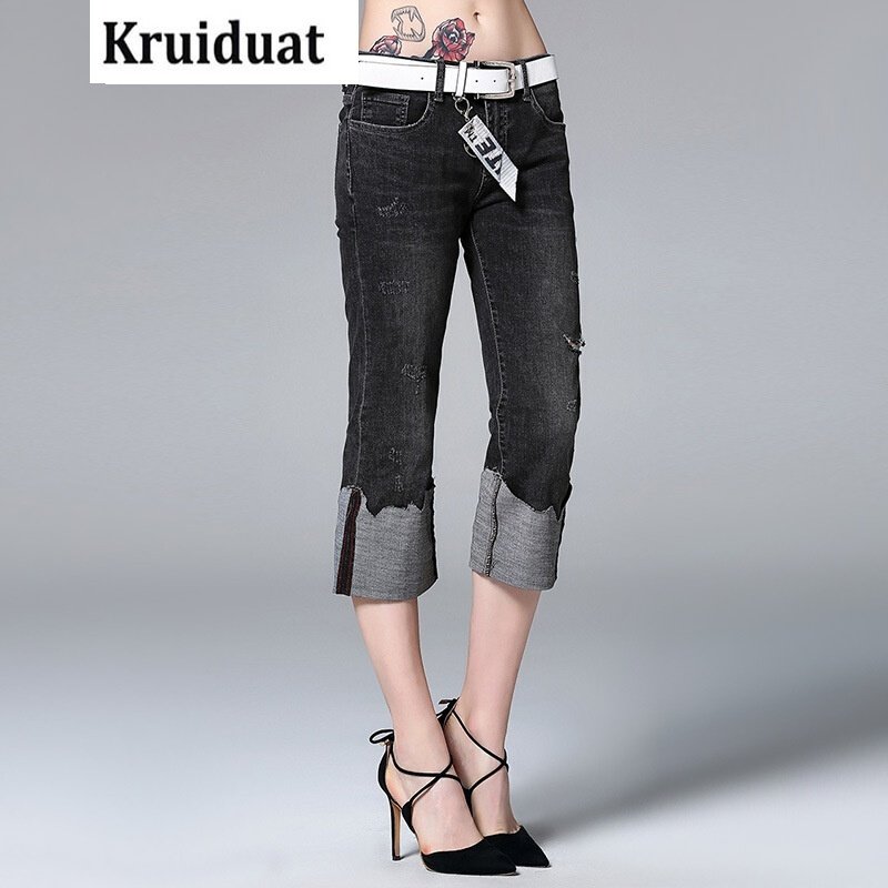 Kruidvat2017夏季欧美女装牛仔破洞直筒牛仔裤女配腰带裤脚上折九分裤黑色
