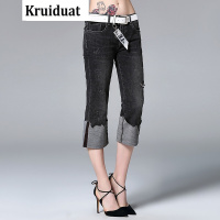 Kruidvat2017夏季欧美女装牛仔破洞直筒牛仔裤女配腰带裤脚上折九分裤黑色
