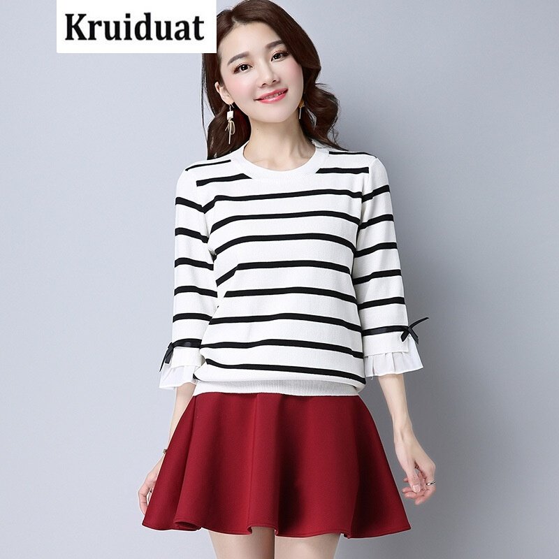 Kruidvat2017韩版短款条纹针织衫七分袖蝴蝶结T恤女M018白色均码