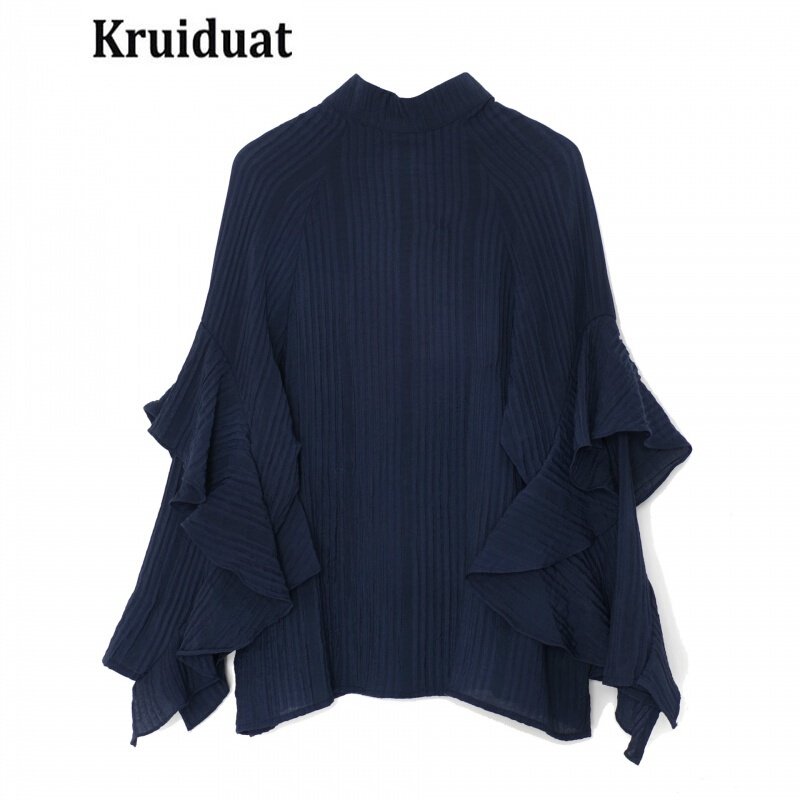 Kruidvat2017春夏新款荷叶边雪纺喇叭袖露背宽松衬衫Z011蓝色均码1713B