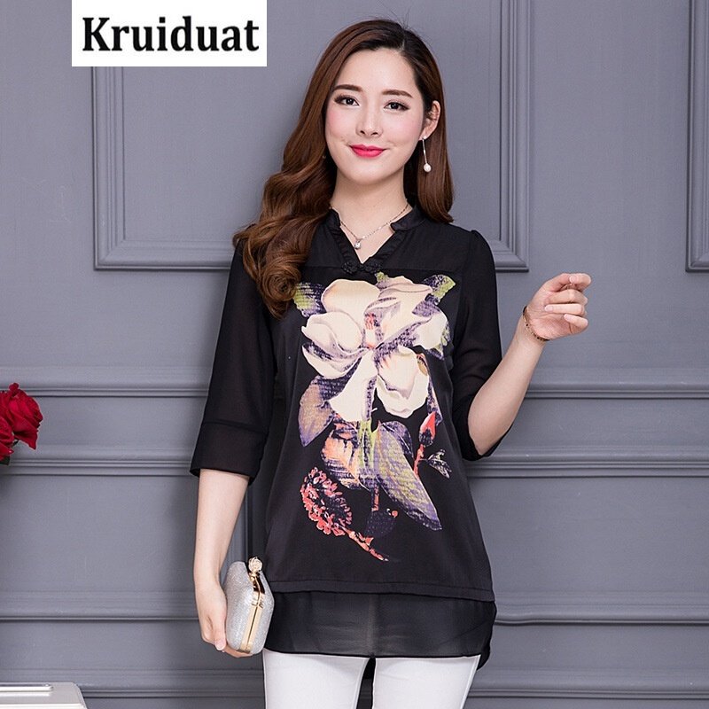 Kruidvat中年妈妈装大衫女2017春季新款时尚印花雪纺衫女大码显瘦女士上衣Z032
