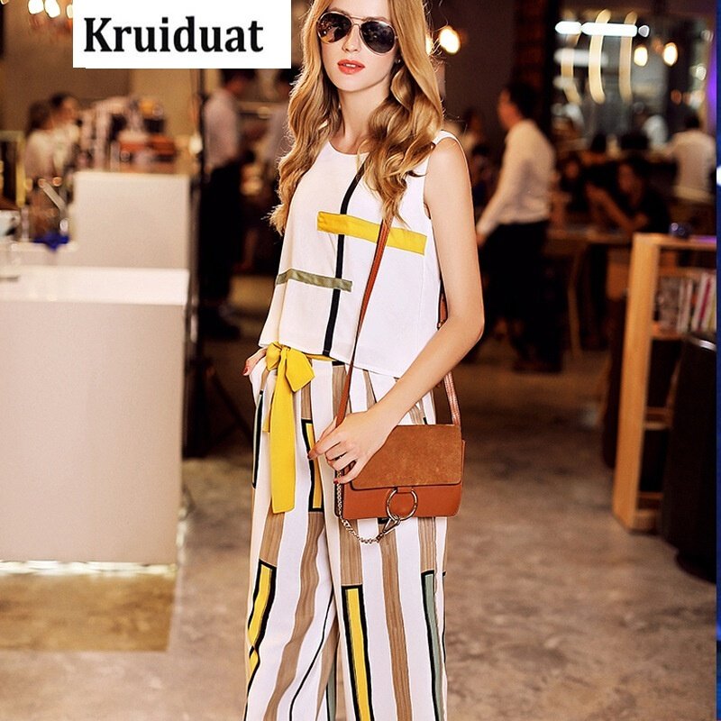 Kruidvat2017夏季女装新款拼色条纹上衣+系带阔腿裤时尚套装