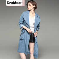 奈琴尔2017秋季新款气质女装欧美翻领系带加长款七分袖牛仔风衣蓝色