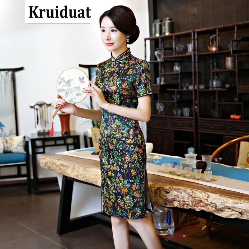 奈琴尔2017新款秋季日常妈妈改良时尚中长款斜纹绸连衣裙大码YQ