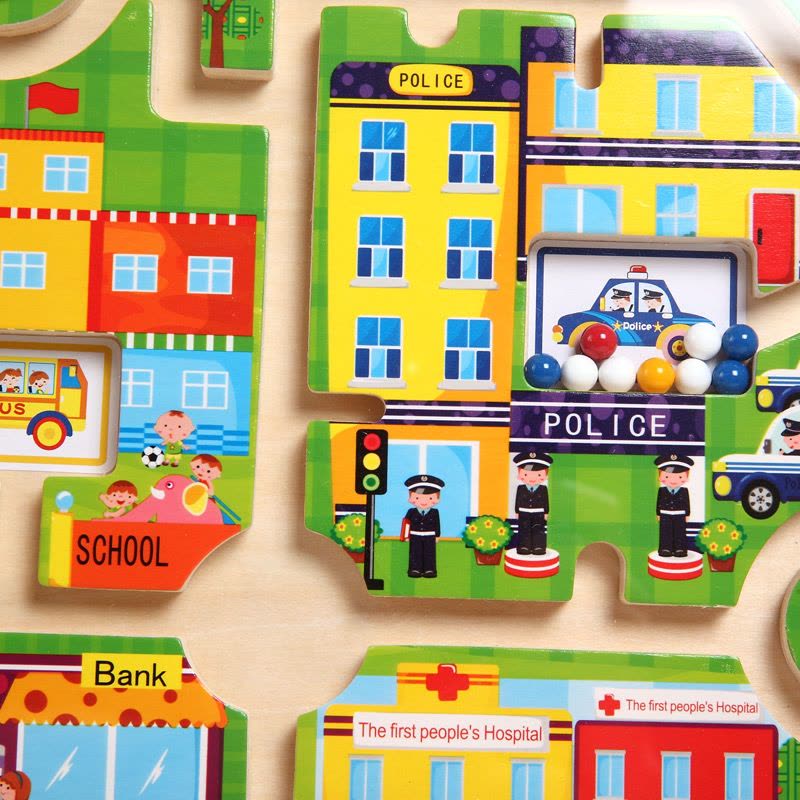 DHA木制磁性立体城市交通运笔迷宫配有磁性白板3-6岁儿童玩具动手锻炼送有迷宫磁性贴纸七巧板 城市大迷宫图片