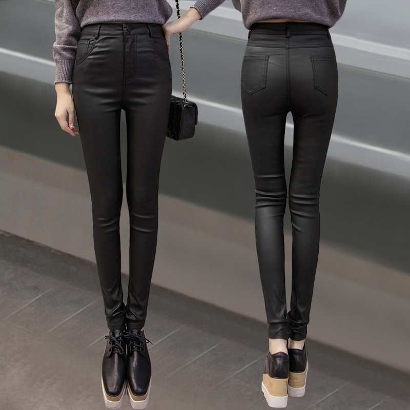 锦满园2017秋冬新款韩版女装学院风高腰显瘦皮裤外穿加绒纯色学生百搭打底裤女