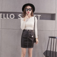 锦满园2016秋冬季女韩版新款半身裙PU洗水皮裙子短裙包一步裙（送腰带）