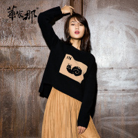 华家那羊绒衫女装 冬季正品新款不规则下摆羊绒衫女 长袖黑色
