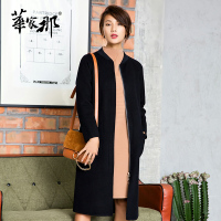 华家那 正品新款女装长款无领 黑色纯羊毛 V领拉链长袖双面呢大衣