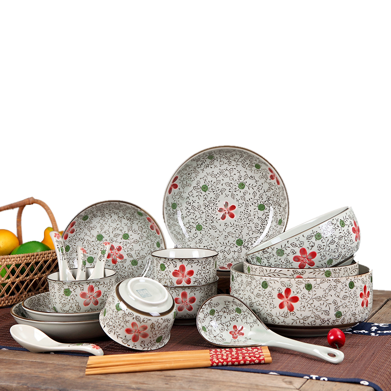 瓷物语16头日式和风釉下彩 碗盘碟勺米饭碗 汤碗 饭盘 实用 套装 (大红花)