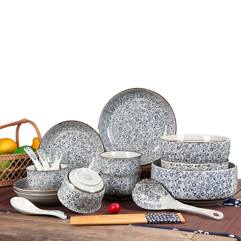 瓷物语16头陶瓷餐具日式和风釉下彩 碗盘碟勺米饭碗汤碗饭盘实用套装 青花图片