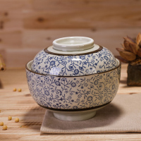 瓷物语日式和风陶瓷碗保温防尘碗6.5英寸碗饭碗套装釉下彩带盖创意炖盅青花