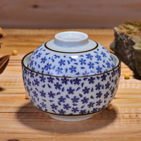 日式和风陶瓷碗保温防尘碗6.5英寸碗饭碗套装釉下彩带盖创意炖盅星点