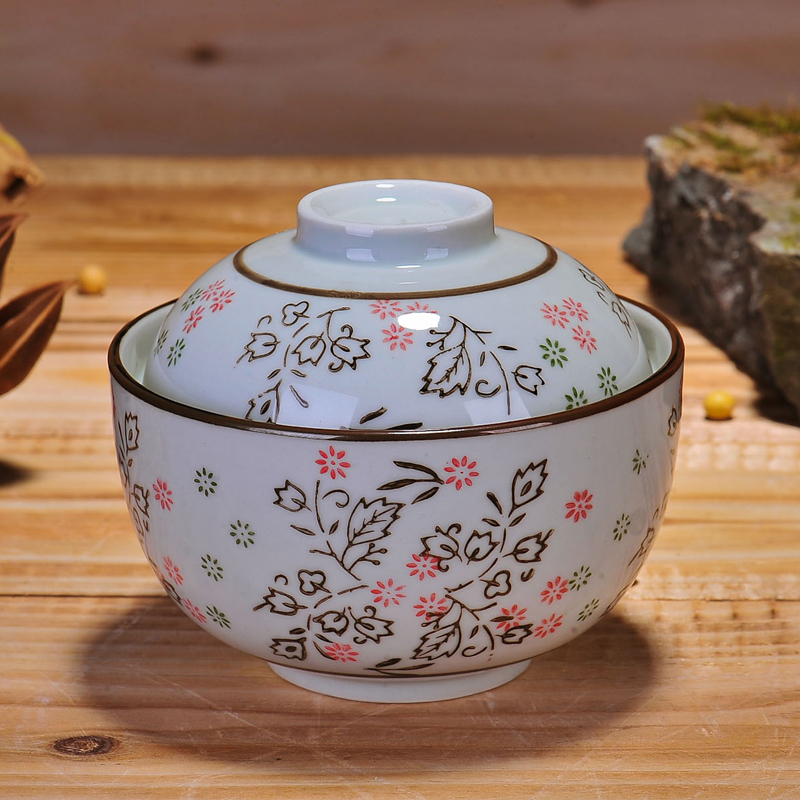 瓷物语日式和风陶瓷碗保温防尘碗6.5英寸碗饭碗套装釉下彩带盖创意炖盅唐草