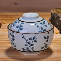 瓷物语日式和风陶瓷碗保温防尘碗6.5英寸碗饭碗套装釉下彩带盖创意炖盅蓝梅