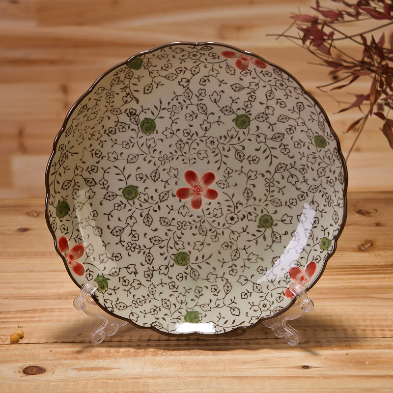 瓷物语日式餐具套装 和风 日式8英寸 釉下彩陶瓷碗套装蓝富贵波纹盘(大红花)