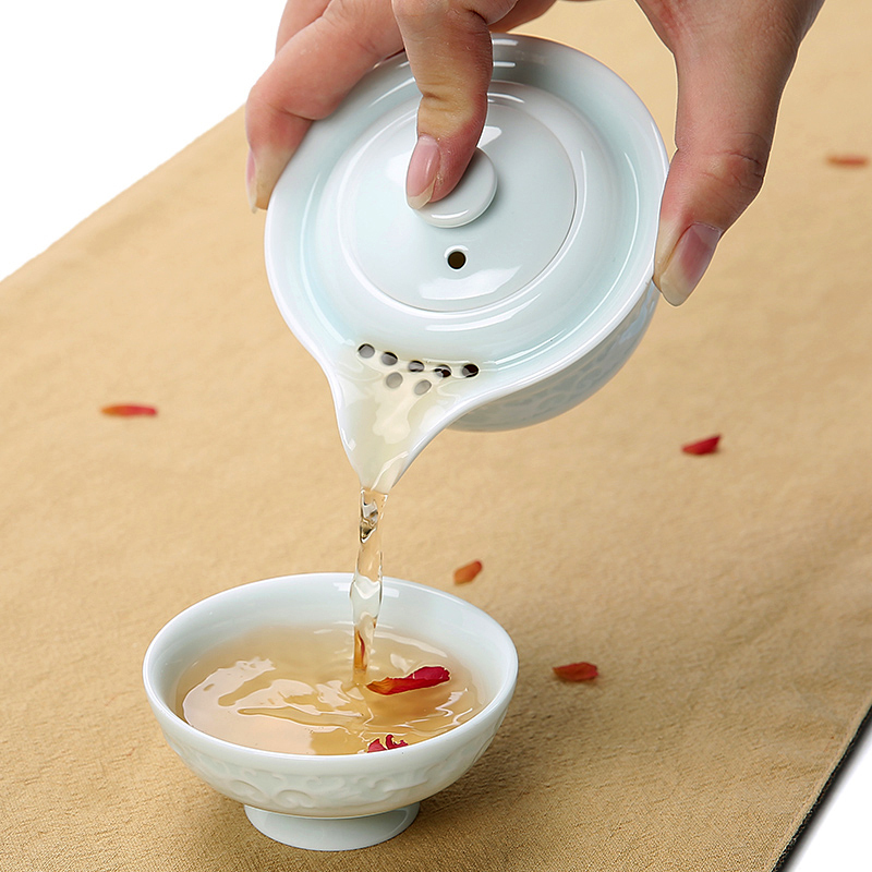 陶瓷影青瓷功夫茶具快客杯一壶二杯套装旅行茶具便携布袋