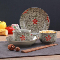 和风系列 高温釉下彩8头陶瓷餐具套装 韩式家用实用餐具 红富贵
