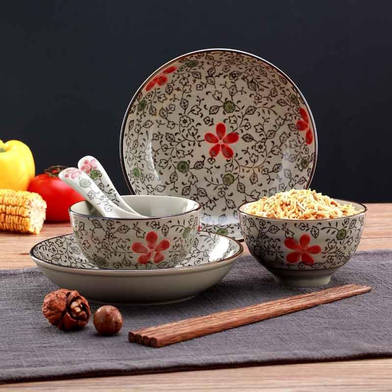 和风系列 高温釉下彩8头陶瓷餐具套装 韩式家用实用餐具 红富贵
