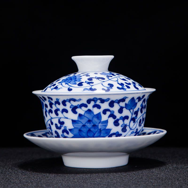 陶瓷盖碗茶杯 景德镇手绘青花瓷功夫茶具三才碗敬茶杯图片