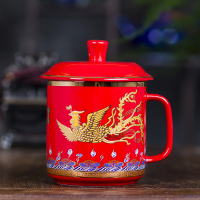 瓷物语大容量茶杯陶瓷水杯杯子带盖办公室景德镇礼盒中国红色随手礼