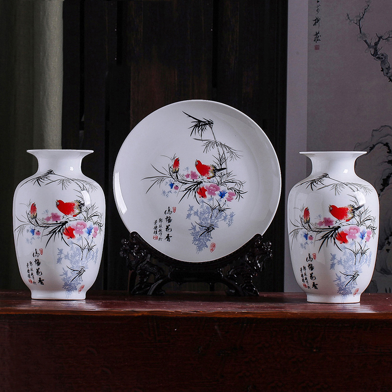 瓷物语景德镇陶瓷花瓶摆件瓷器装饰盘 三件套装饰品(鸟语花香三件套)