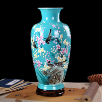 陶瓷摆件粉彩手绘喜上眉梢花瓶中式装饰家饰品客厅摆件蓝色鱼尾-送底座