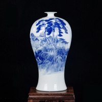 瓷物语花瓶摆件新中式手绘仿古青花瓷花瓶插花山水画客厅摆设山水梅瓶+送旋转底座