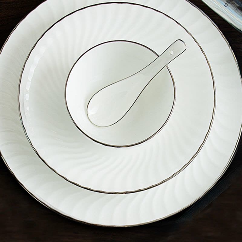 瓷物语60头浮雕餐具高档骨瓷白金边碗碟套装简约家用陶瓷手工描金带咖啡具一套图片