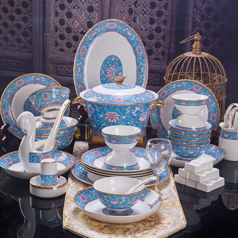 瓷物语景德镇珐琅彩奢华高档金边骨瓷餐具套装