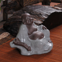 瓷物语仿汝窑哥窑茶宠摆件茶具茶道配件可养开片茶宠精品 如意弥勒佛青