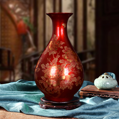 瓷物语陶瓷器客厅摆件景德镇花瓶中国红水晶釉花开富贵金牡丹工艺品( 玉壶春)