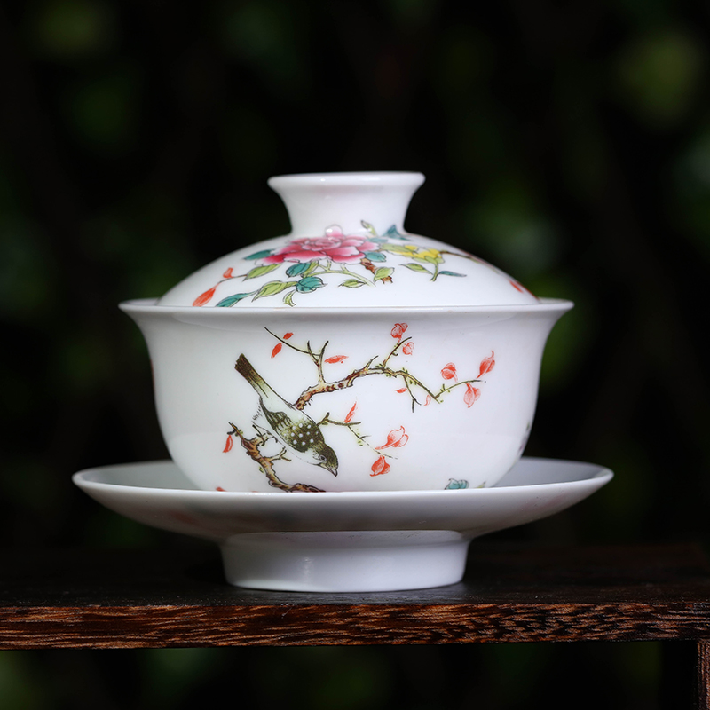 陶瓷粉彩盖碗茶杯 功夫茶具三才碗敬茶杯手抓碗泡茶器 月季盖碗(粉彩)