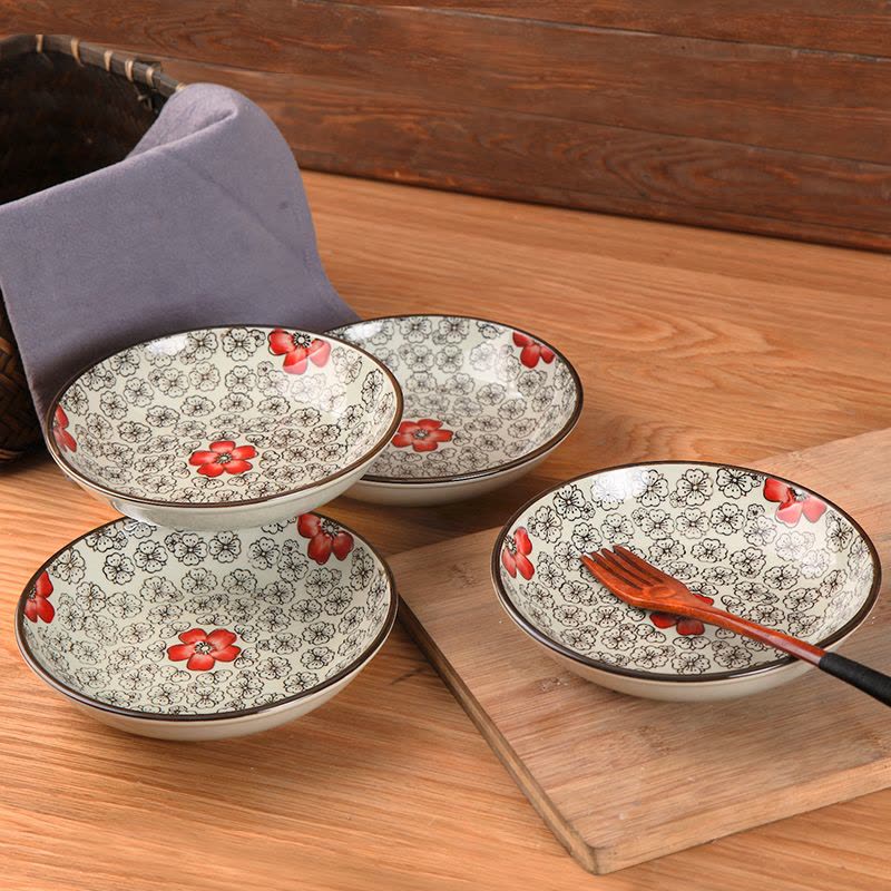 瓷物语4个装西餐盘牛排盘碟陶瓷创意餐具圆形盘子菜盘家用 红富贵7英寸图片