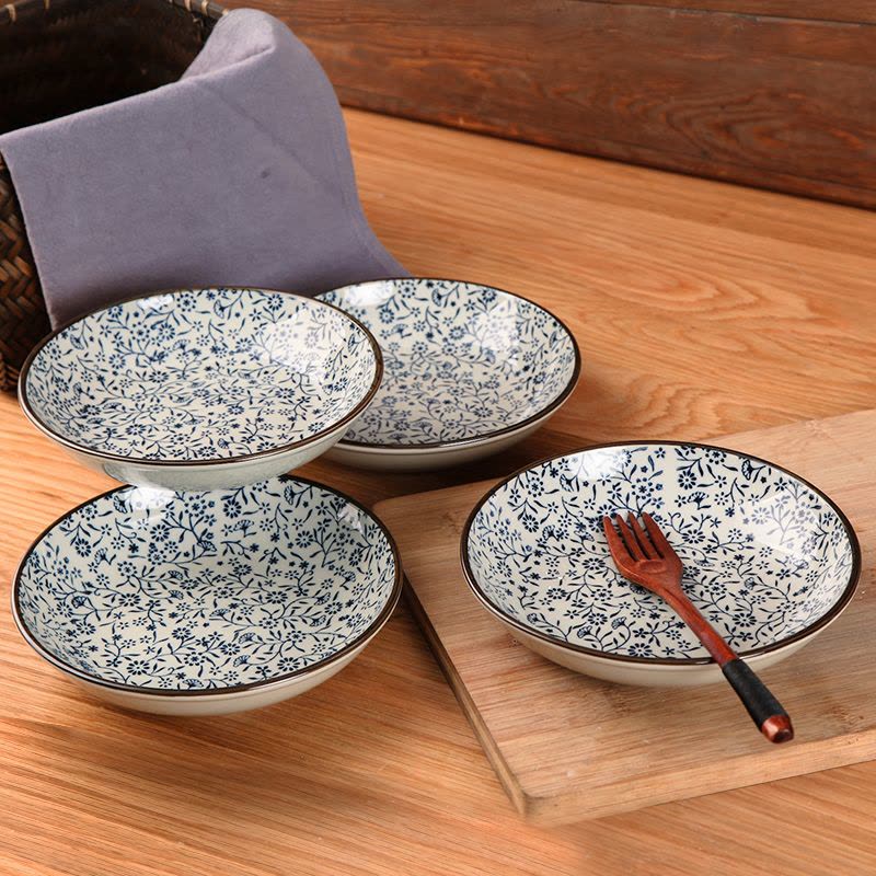 瓷物语4个装陶瓷创意餐具圆形盘子菜盘家用西餐盘牛排盘碟 蓝富贵8英寸图片