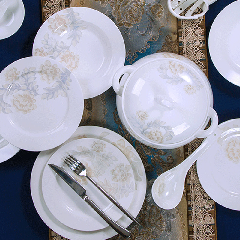 瓷物语碗碟套装陶瓷器60骨瓷餐具韩式创意家用碗盘餐具套装(60头圆形清雅配宫廷煲)