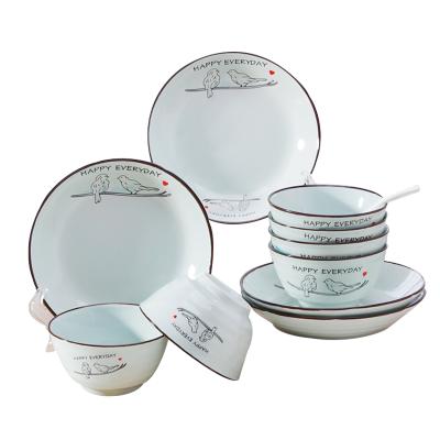 瓷物语礼品陶瓷日式小清新釉下彩加厚陶瓷碗盘碟餐具组合套装 幸福时光6碗6盘(配4.5英寸碗)