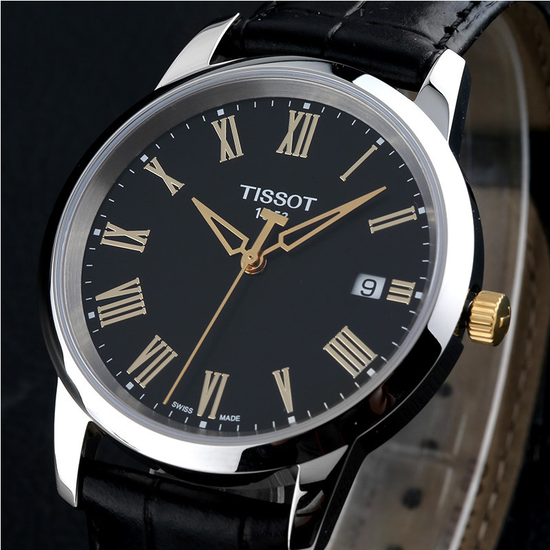 天梭(TISSOT)经典系列金色刻度黑色真皮皮革皮带男士石英手表T033.410.26.053.01