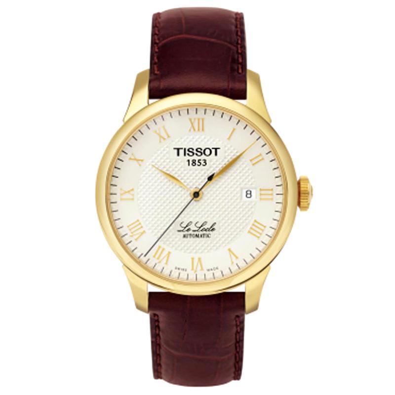 天梭(TISSOT)力洛克系列自动机械真皮金色男士手表 正装时尚男表T41.5.413.73正品