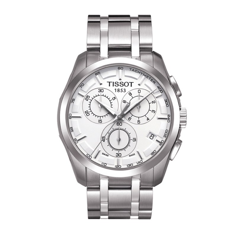 天梭(TISSOT)酷图系列真皮白盘男士三眼计时手表T035.617.11.031.00