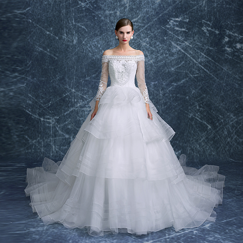 婚纱礼服2016新款一字肩蓬蓬裙婚纱拖尾时尚白色网纱拉链婚纱定制