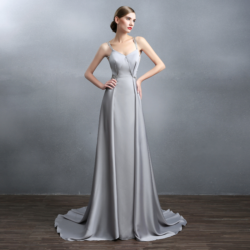 婚纱礼服女2016新款晚礼服长裙双肩a字裙银灰露背敬酒服伴娘礼服定制