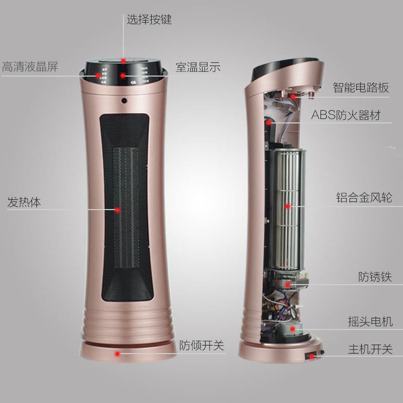 CIH取暖器 家用智能暖风机PTH1103TI 节能速热暖扇浴室防水立式电暖气 遥控静音定时 负离子0.65米玫瑰金图片