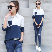 1557#实拍2017春季新款韩版气质翻领拼色套头衬衫显瘦百搭上衣女NRJ603 1557