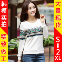 1629#实拍2017春新款印花长袖打底衫女上衣修身蕾丝T恤卫衣潮NRJE02 1629