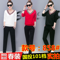 运动套装女春秋女装2017春季新款韩版V领长袖卫衣宽松显瘦两件 GT101 858