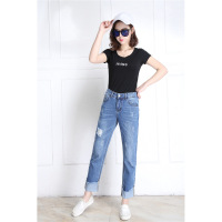 实拍2017春夏新款高腰牛仔裤女时尚新颖蓝色修身显瘦小脚裤排扣长 GTAF02-B 6816