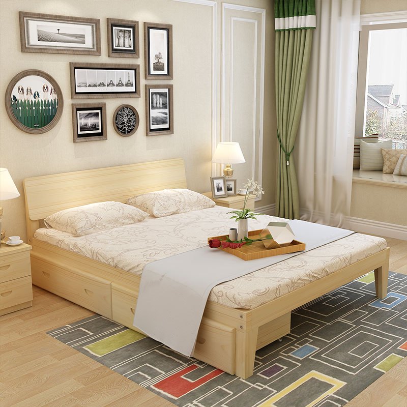 硕木居 床现代简约实木床1.5米双人床主卧防霉大床松木1米单人床简易床