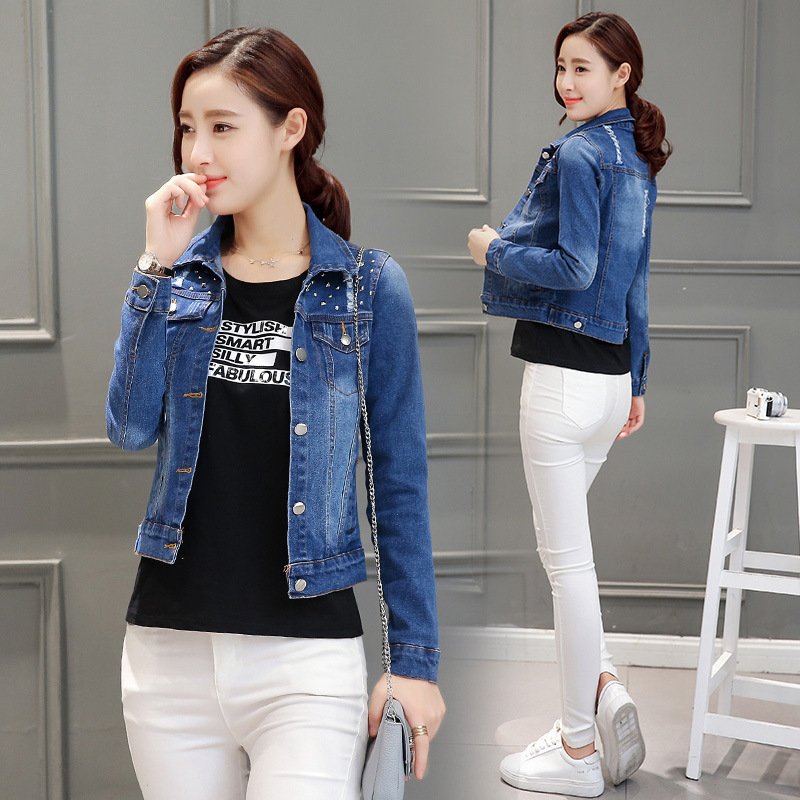 莞馨(wanxin)少女潮流牛仔外套柳钉修身百搭短款西服小开衫2016春秋季牛仔衬衣